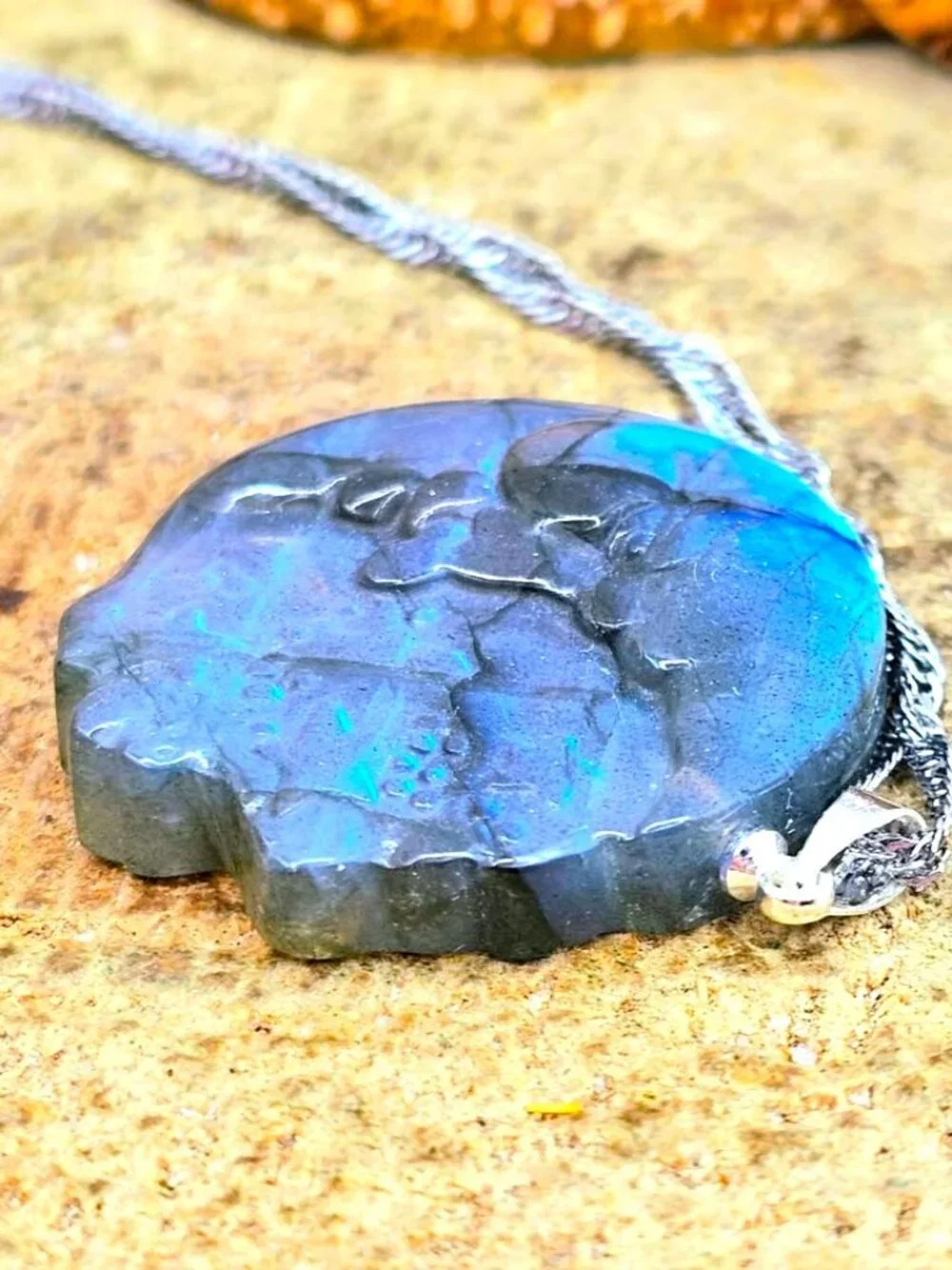 Labradorite Crescent Moon Carved Pendant Flashy Crystal Necklace 1.3 Inch